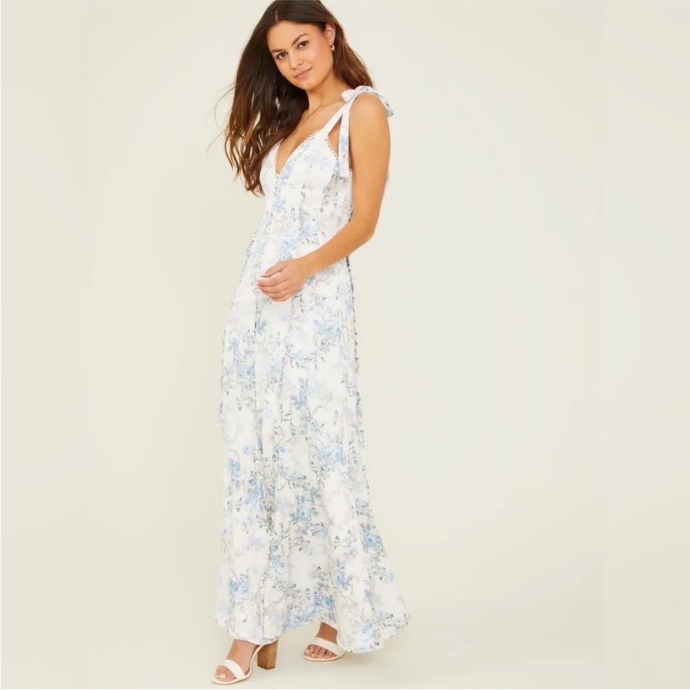 Altar’d State Jacindy Blue Floral Satin Maxi Dress Gown
